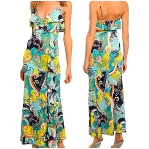 Gibiu Resortwear Maxi SunDress Crisscross Straps Ruffle Detail Paisley Print